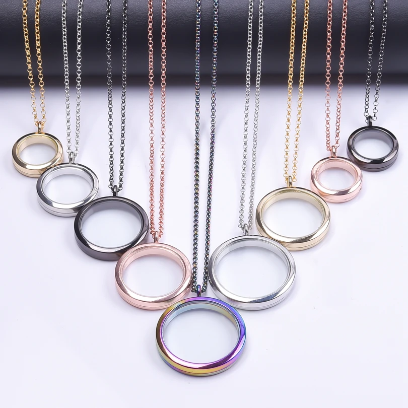 1Pc 25-40mm Mix Color Round Living Locket Pendant Necklaces For Women Men Glass Memory Coin Holder Relicario Collares Jewelry