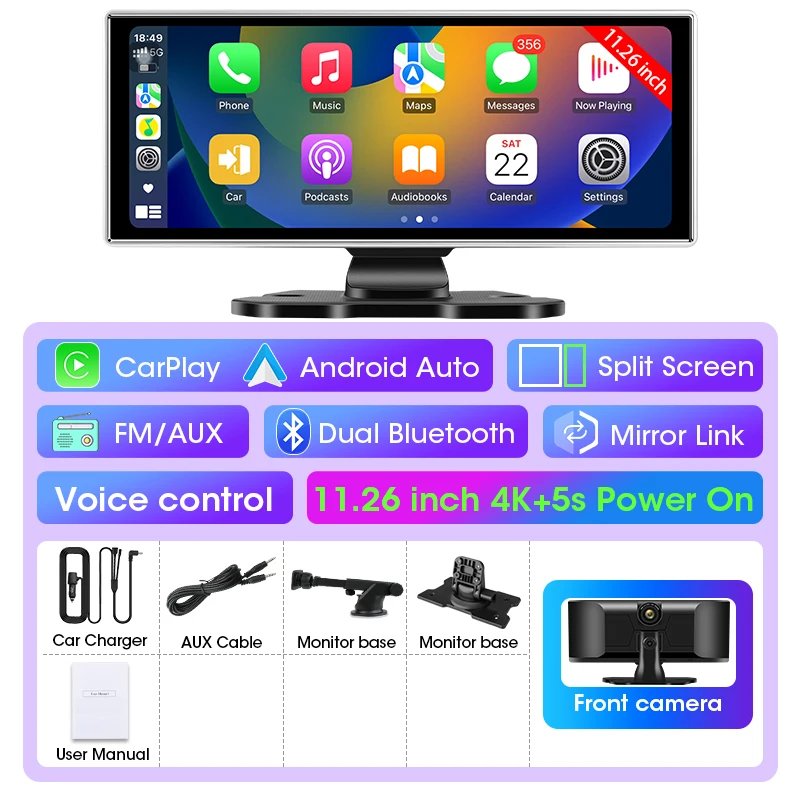 10/11.26 inch Dash Cam 4K Auto DVR Draadloze Carplay & Android Auto GPS Navigatie Video Recorder Dashboard Dual Lens Wifi FM AUX