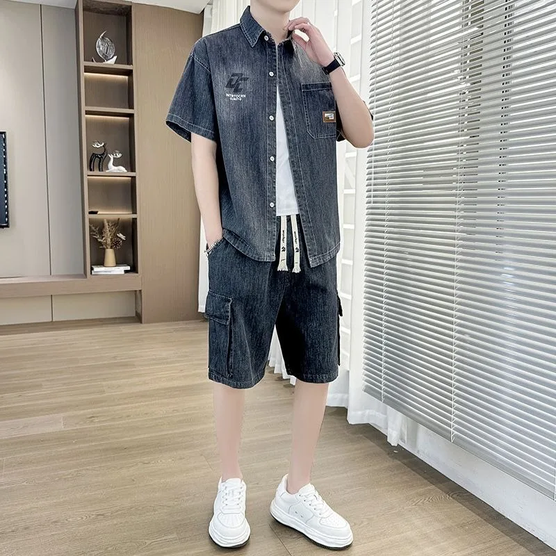 Fashion Wear Shirt Cargo Shorts High Appearance Level Men's Summer Thin Short-sleeved Shirt Loose Shorts Two-piece   Denim Suit