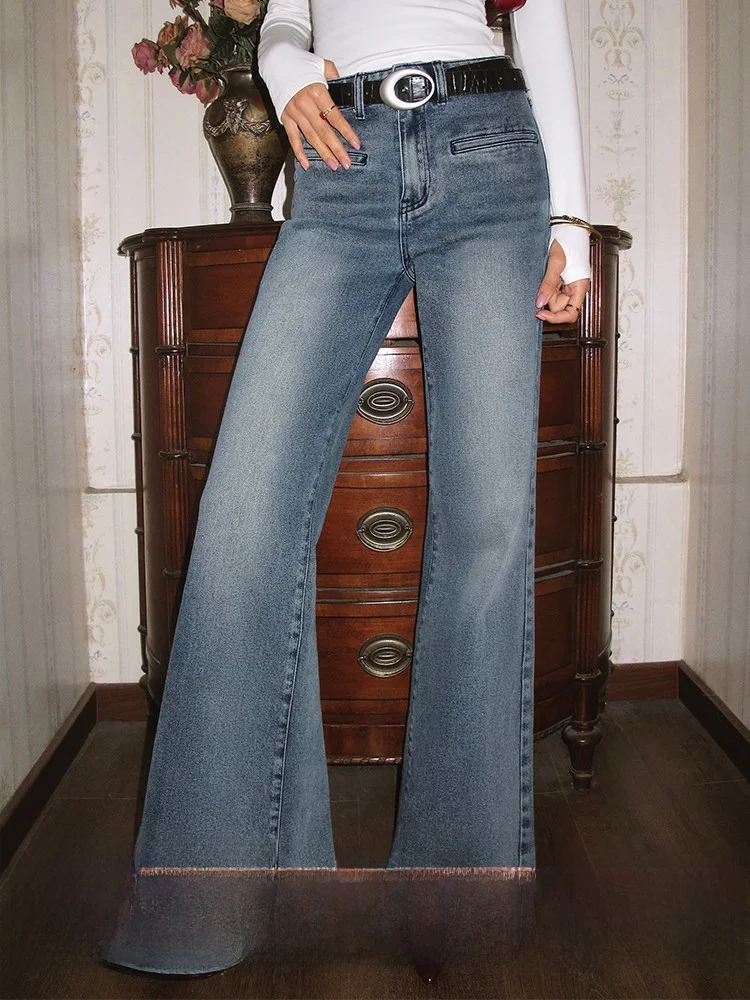 

Modern Retro Blue Jeans Women's Slimming Classic Long Pants Commute Sle l Waist Other Fabric Micro Stretch China Made