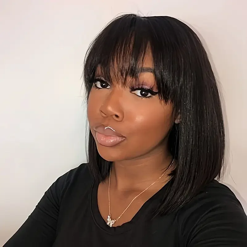 12 Inches Black Bangs Bob Wig Human Hair with Bangs 2×1 Lace Closure Human Hair Wigs with Bangs 180% Density, Beginner-Friendly