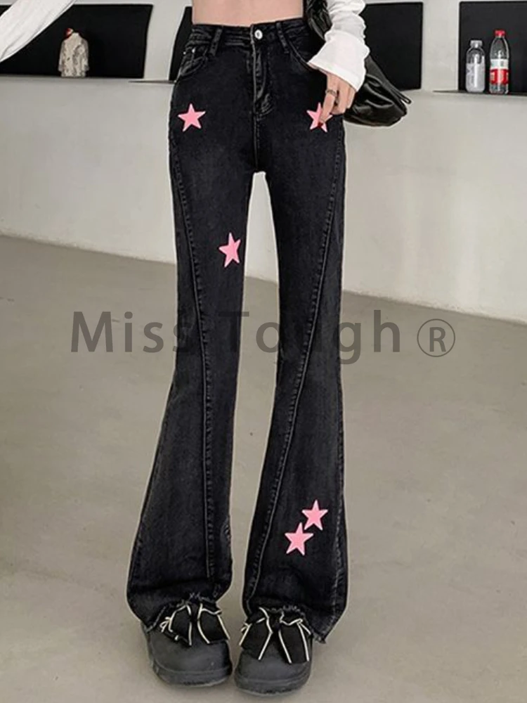 

Black Streetwear Vintage Flare Jeans Women French Retro Star Print Elegant Pants Female Korean Designer Denim Hight Waist Jeans