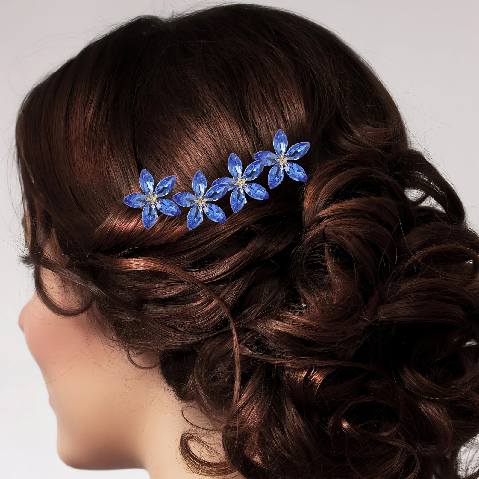 

4pcs Rhinestone Hair Pins U Shaped Metal Flower Hairpins Vintage Double Prong Fork Stick For Women Girls Blue Wedding Bridal