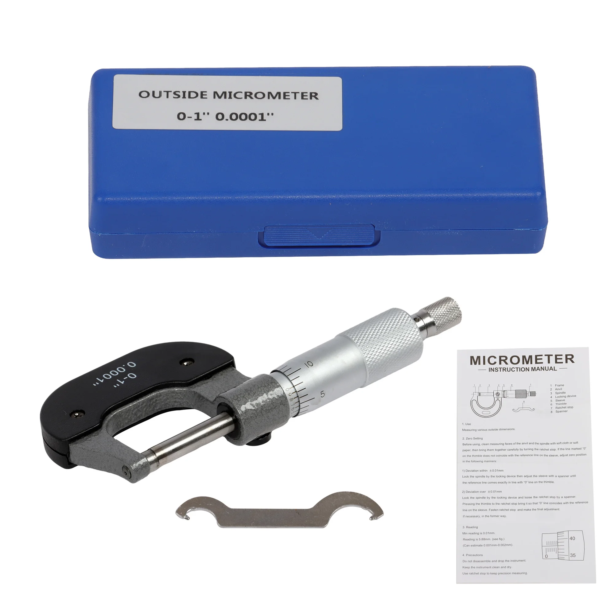 U-Shaped Outer Micrometer 0-1 Inch with Carbide Tip Accuracy 0.0001 Inch Suitable for Precision Measurement Work with Box