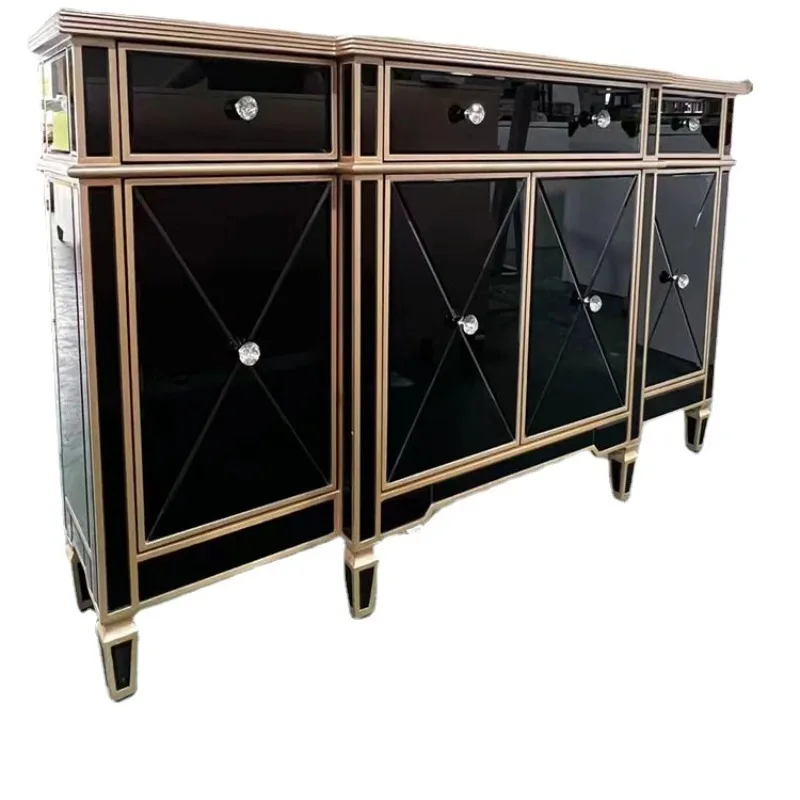 

Classic light luxury black mirror, glass gold decorative lines, entrance cabinet, dining side cabinet