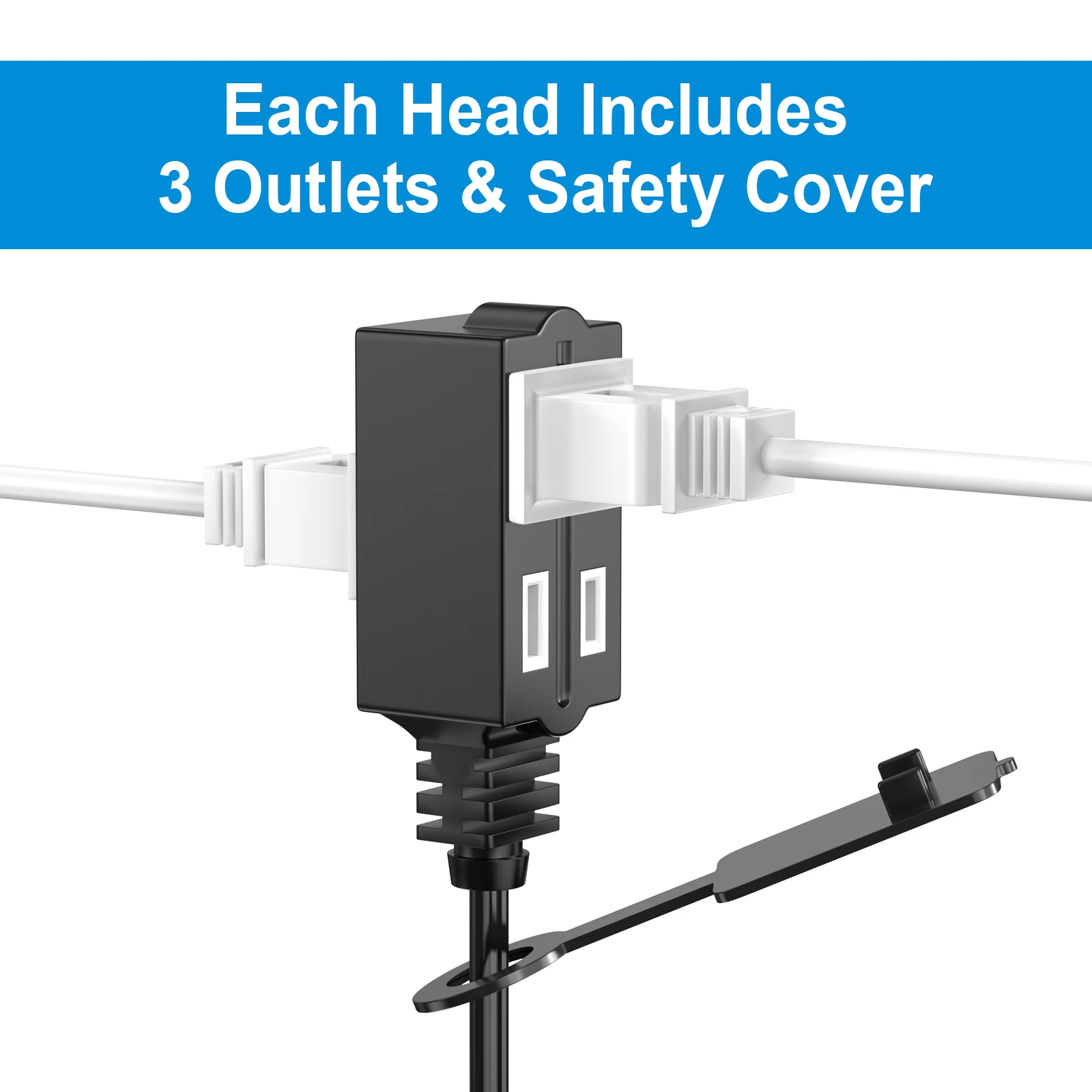 12-foot 16AWG dual-head extension socket, 6-socket with safety cover, flat plug, home and office multi-functional expander