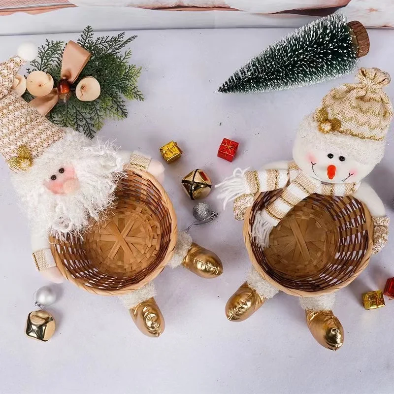 Large 30cm Candy Wicker Basket Christmas Decoration Santa Snowman Fruit Basket Noel Snack Food Storage Rack Cute New Year Gift