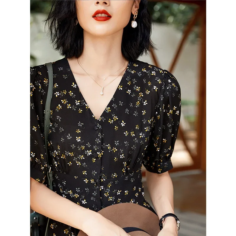 

100% Silk Summer Dresses For Women 2024 Elegant Short Sleeve Dress Female Vintage Floral Dress Vestido De Mujer Pph4376