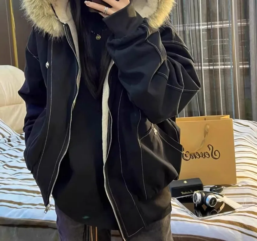 Americká pouliční kožešinová bunda s kapucí a zipem, dámská podzimní zimní retro nová sametová zahuštěná teplá módní volná ležérní bunda - náhled 6