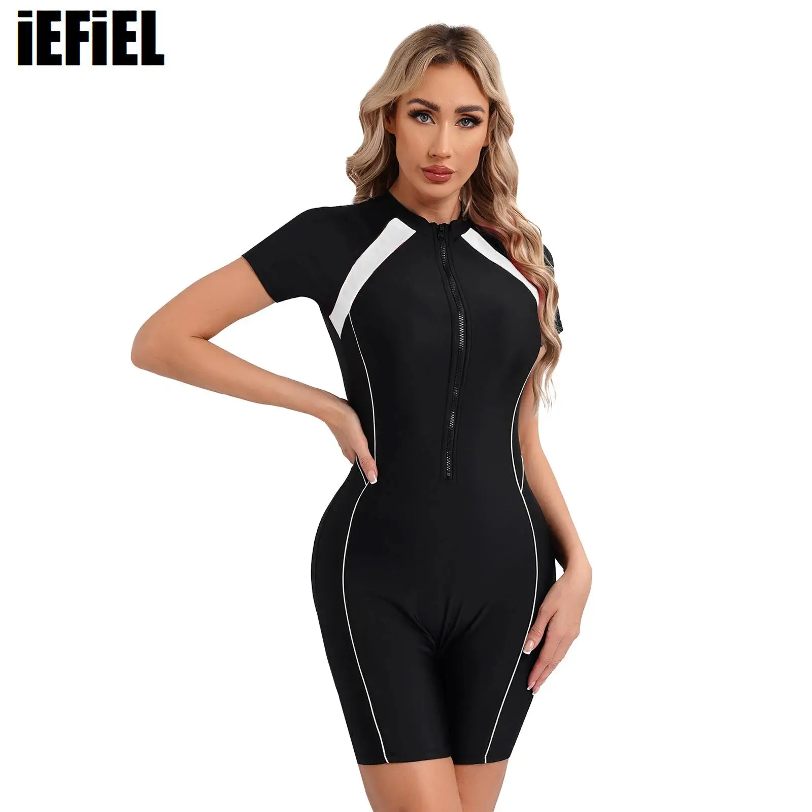 Women Water Sport Swimwear One-piece Athletic Swimsuit Short Sleeve Padded Boyleg Zipper UPF 50 Rash Guard Beach Surfing