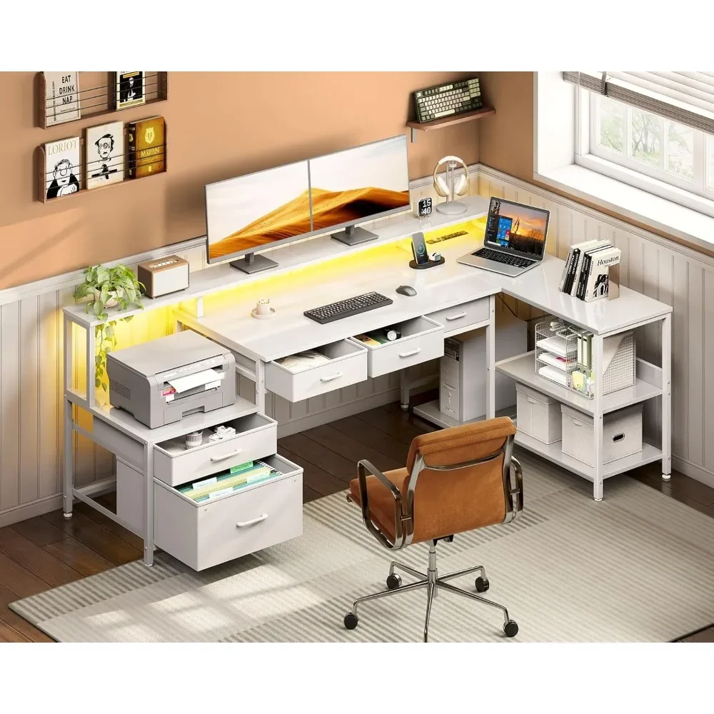 Reversible L Shaped Computer Desk with Power Outlet&LED Strip,Office Desk with Storage Shelves,File Drawers and Monitor Shelf