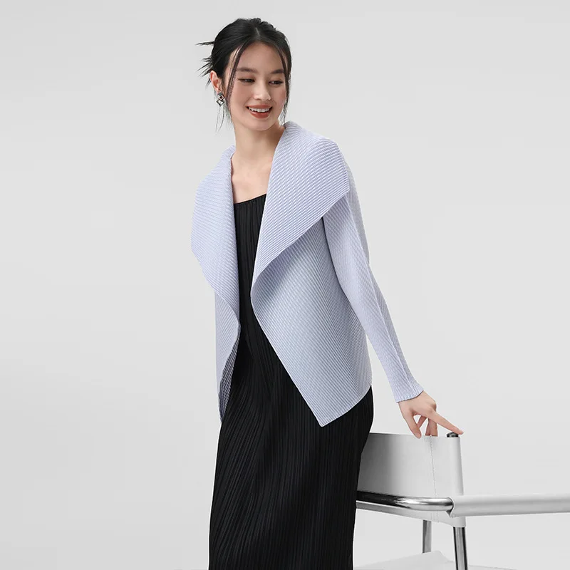 Spring Autumn New Women Coat Solid Color Collar Cardigan Design Wrinkle Fashion Long Sleeve Thin Female Jacket