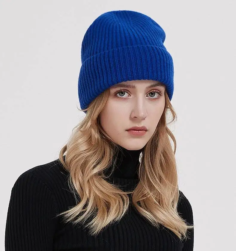 Autumn Winter 100% Wool Beanies Women Thicken Unisex Hat Pure Wool Warm Elastic Knitted Hat view 2