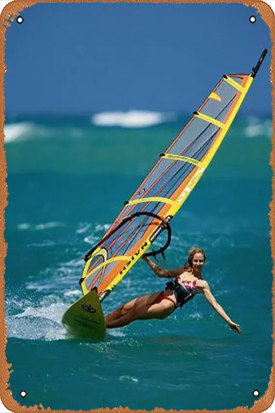 Metal Tin Sign  - Portrait of a Young Woman Windsurfing - Poster Metal Plaque Cafe, Bar, Home Wall Decor