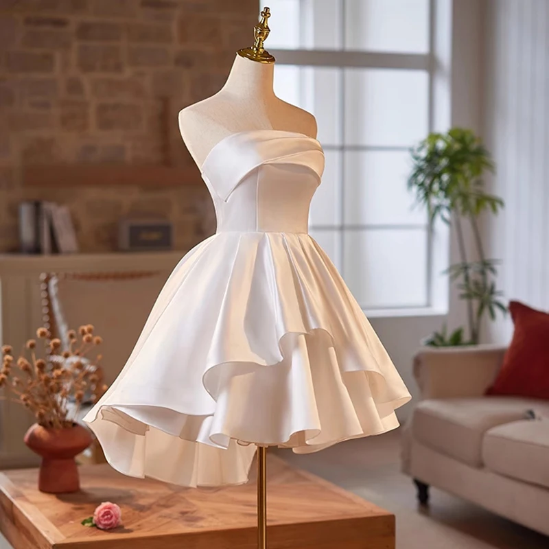 AnXin SH princesa satén blanco sin tirantes sin mangas volantes encaje hasta novia fiesta corto vestido de noche personalizado pequeño vestido blanco