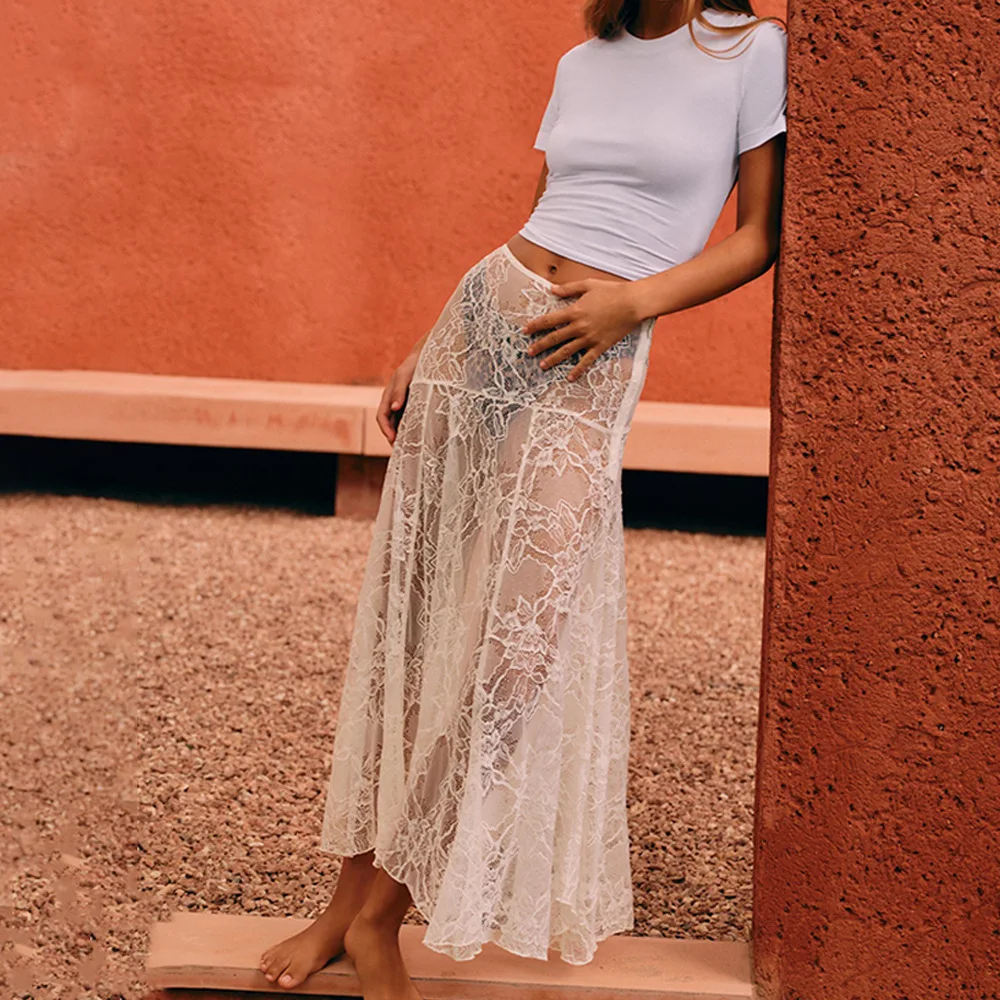 

Women's Fashion Lace Perspective Sexy Low-rise Skirt Solid Color Summer Versatile Skirt Long Dress