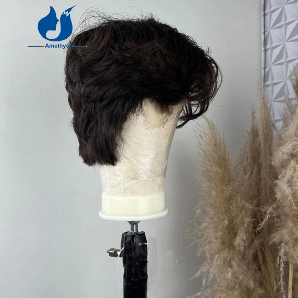 Amethyst Natural Human Hair Full Lace Wig for Men Short Cut with Layered Wolf Cut in Front Brazilian Remy Hair with Sideburns