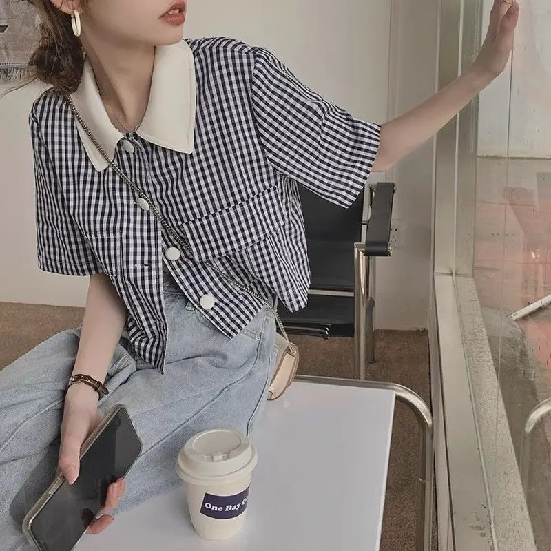 

Summer Buttons Single Breasted Casual Korean Fashion Loose Plaid Short Sleeve Comfortable Easy Close to the People Wild Bright