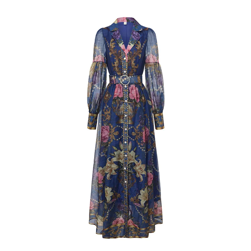

Long Sleeve Floral Maxi Dresses Shirt Women 2026 Summer Holiday Single Breasted A Line Pleated Elegant Party Vestidos