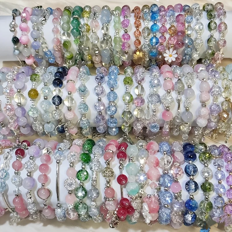 3pcs Set of Stylish and Elegant Women's Glass Bead Bracelet Set, Featuring Sparkling Cracked Beads Paired with Floral, Butterfly