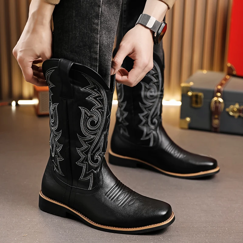 Men's Classic Retro Riding Boots Mens Embossed Leather Embroidery Mid-Calf Boots Men British Style Casual Shoes