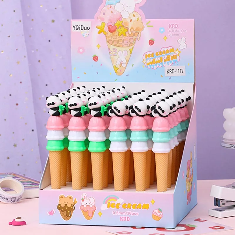 

36pcs/lot Cartoon Panda Ice Cream Gel Pen Cute Cones 0.5mm Black Ink Signature Pens Promotional Gift Office School Supplies