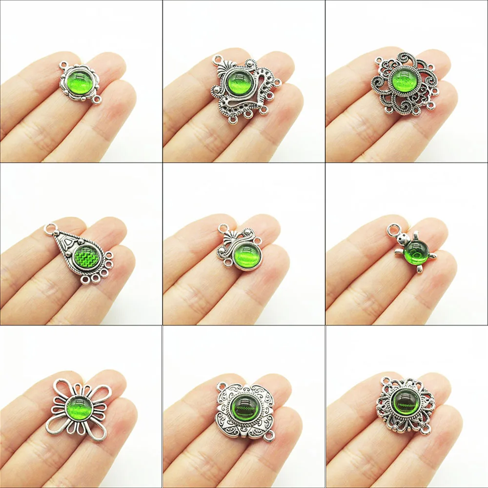 Blumenkreuz Tier Tropfen Charms Grüne Glasur Tibetisch versilbert Anhänger Retro