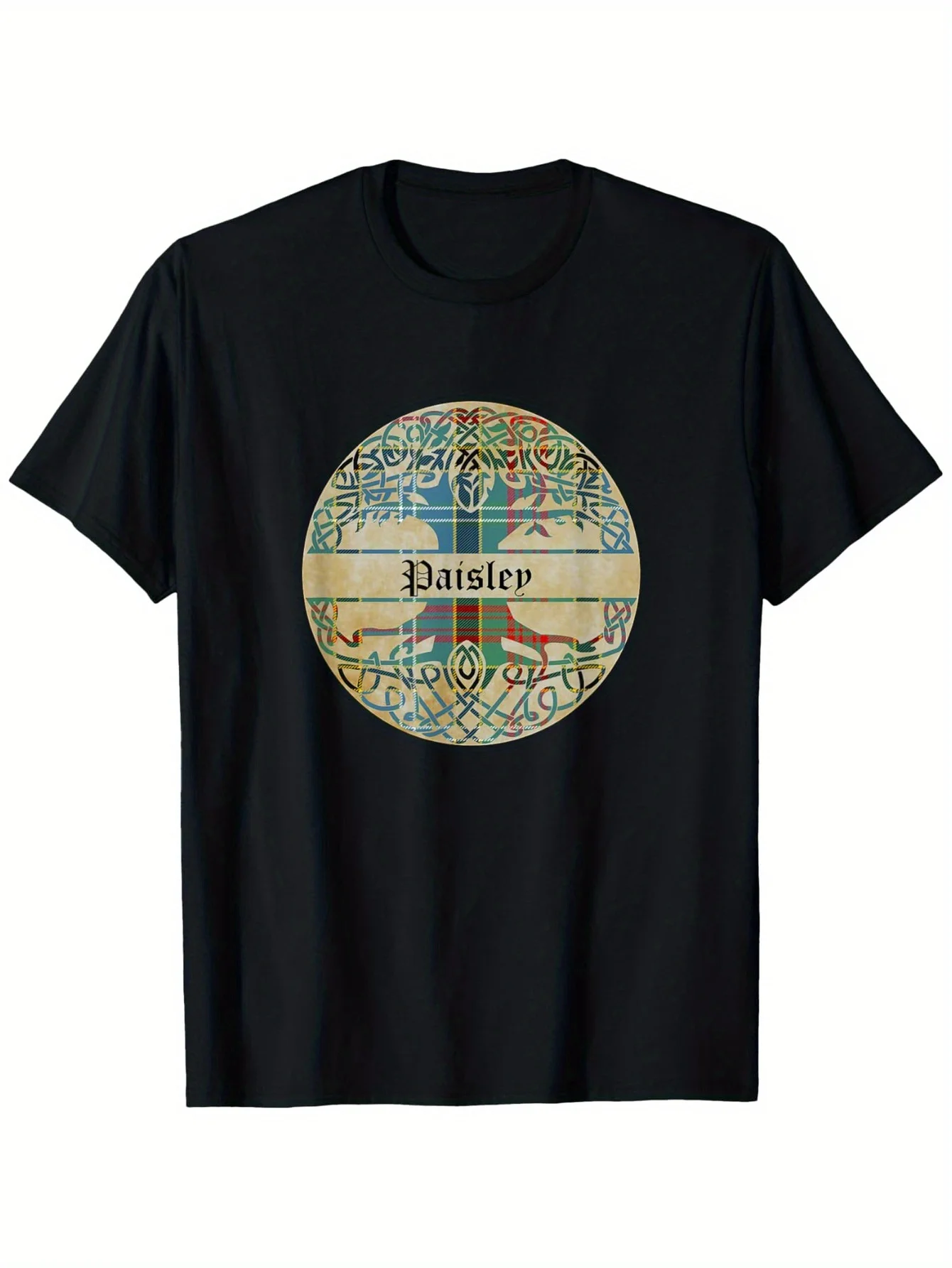 Paisley Clan Tartan Tree of Life Scottish Surname T-Shirt 100% Cotton Round Neck T-shirt Halloween Thanksgiving Christmas Gift f