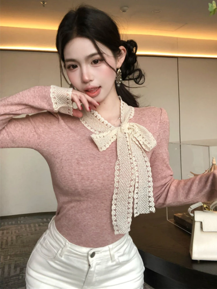 Lace T-shirts Women Bow Temper Long Sleeve Spring Temper Slim Fit Korean Style All-match Design Vintage Female Fashion Clothing