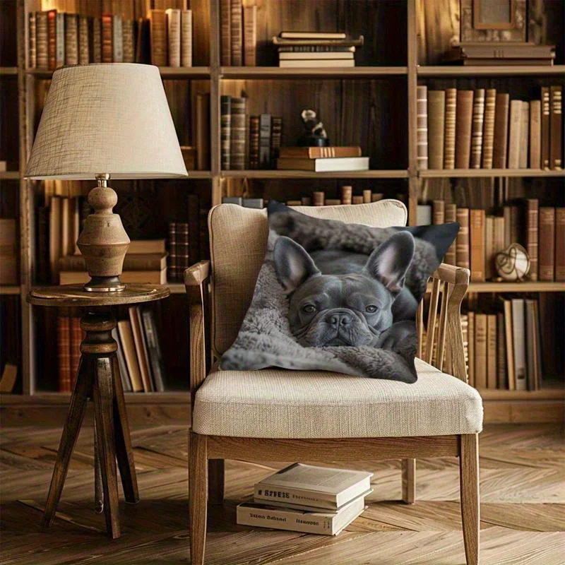 French Bulldog on Fuzzy Blanket Pillow Cover Zipper Closure Single-Sided Print For Home Bedroom Living Room Office Decor