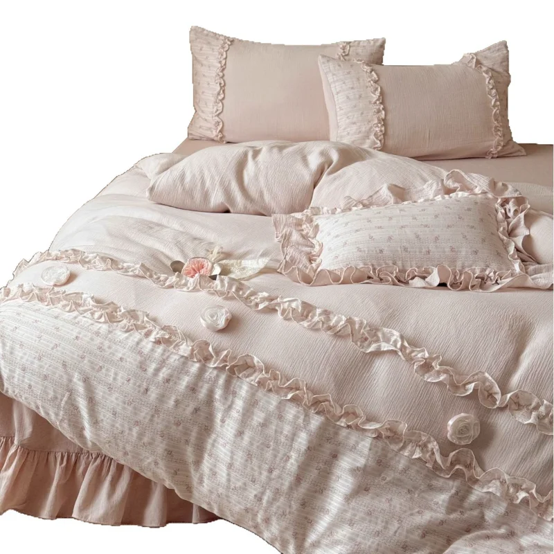 French gentle girl cotton double yarn four-piece set, pure cotton gauze soft and sweet princess style quilt cover bedding