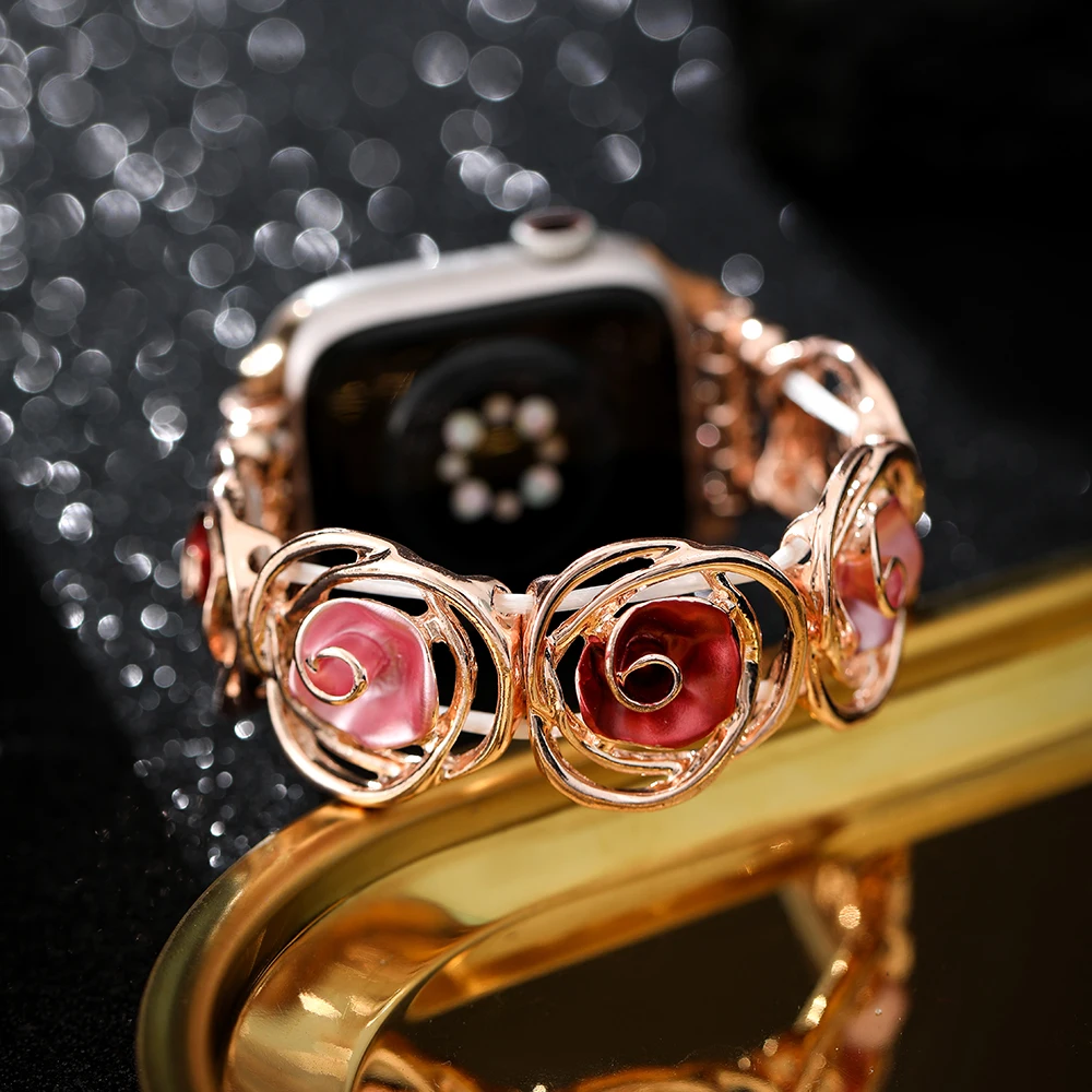 Cinturino con fiore rosa cavo per Apple Watch Ultra 49mm 38 40 41 42 44 45mm Bracciale elastico da donna per iWatch 9 8 7 SE 6 5 4 3