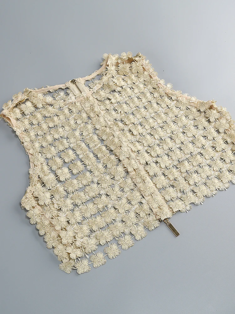 VC スタイリッシュなベージュのノースリーブ クロップド トップ & シアー スカート セット ジッパー付き フェスティバル & パーティー シックなドレス ガウン用