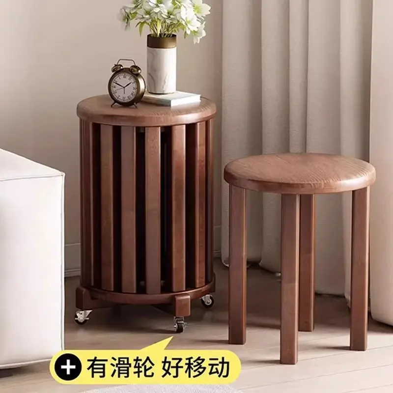Solid Wood Stackable Round Stool Set Foldable Chair with Wheels for Coffee Table Dining Room Extra Seat