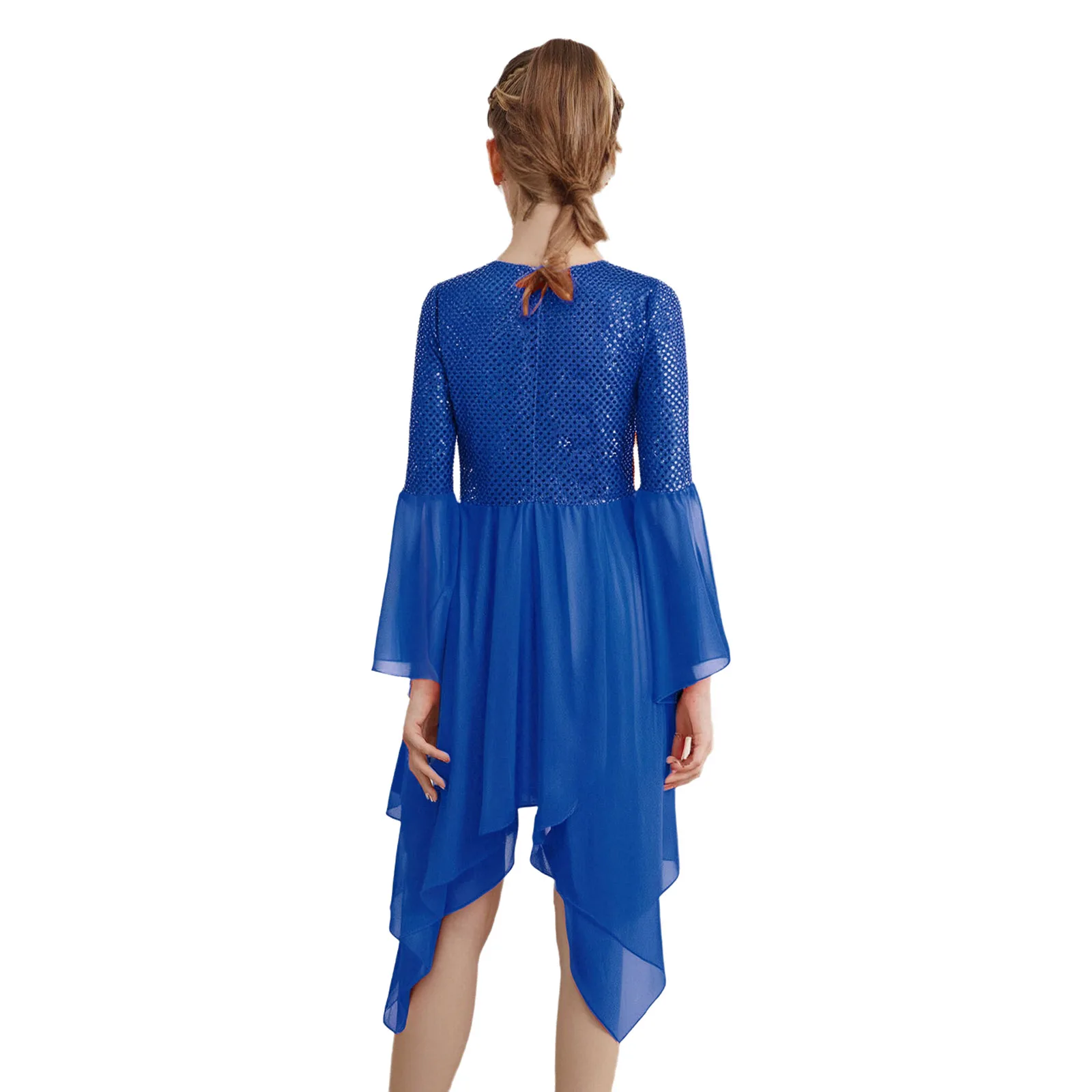 Kids Girls Liturgical Modern Lyrical Dance Dress Flared Sleeve Shiny Sequins Tunic Church Choir Worship Performance Costume