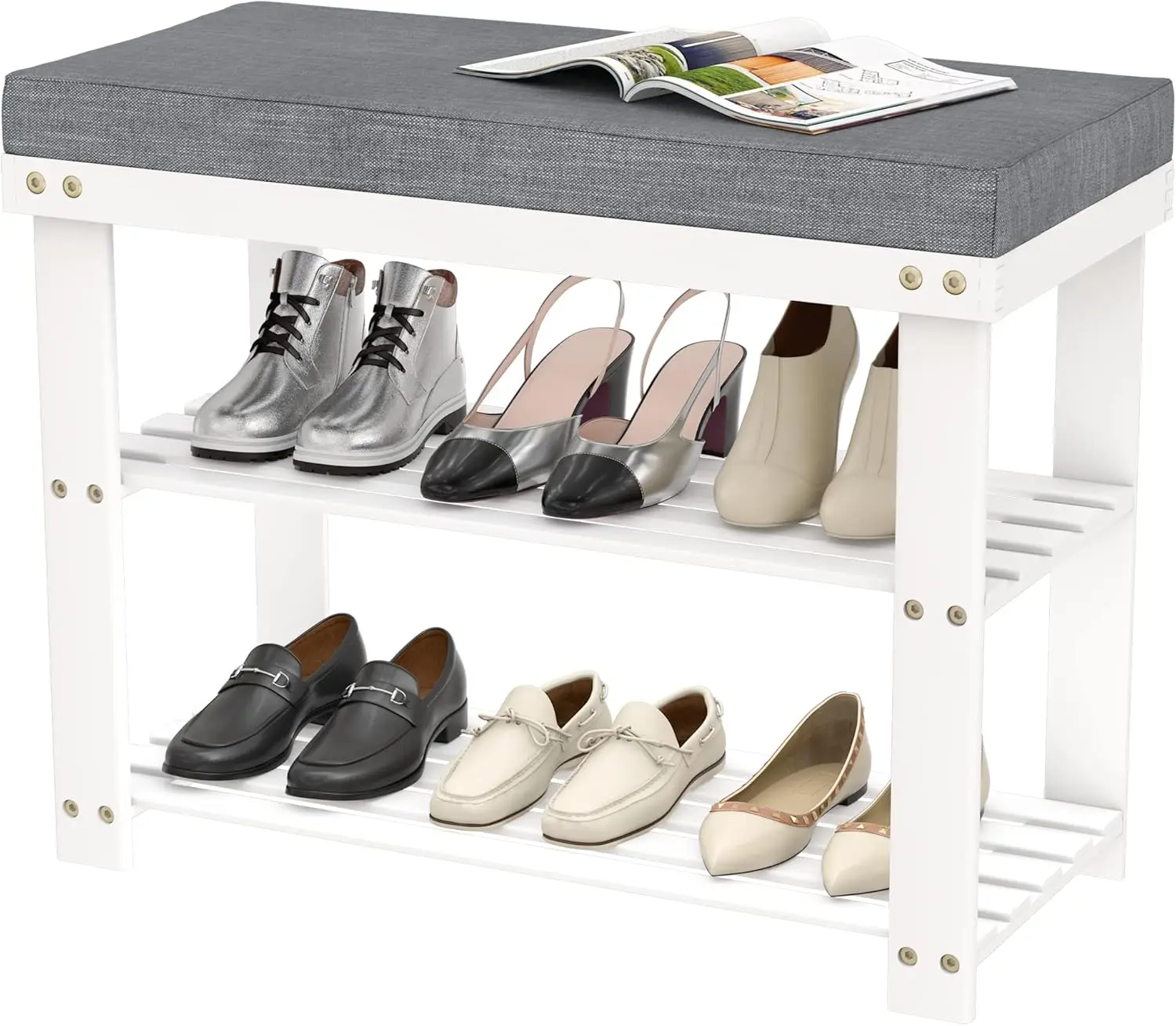 

White Shoe Rack Bench for Entryway - Bench with Shoe Storage Front Door Shoe Bench with Cushion Upholstered Padded Seat 3 Tier