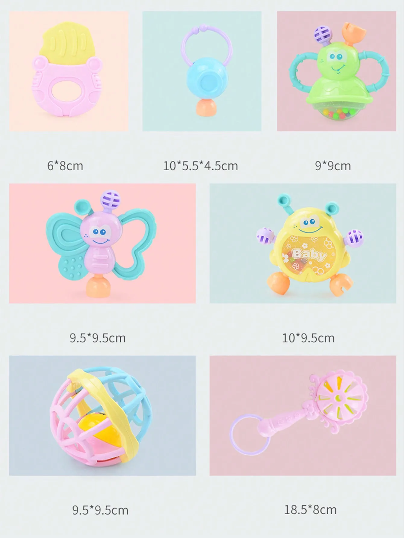 7-piece baby rattle toy set, suitable for infants aged 0-6-12 months. Designed to enhance early sensory development and promote