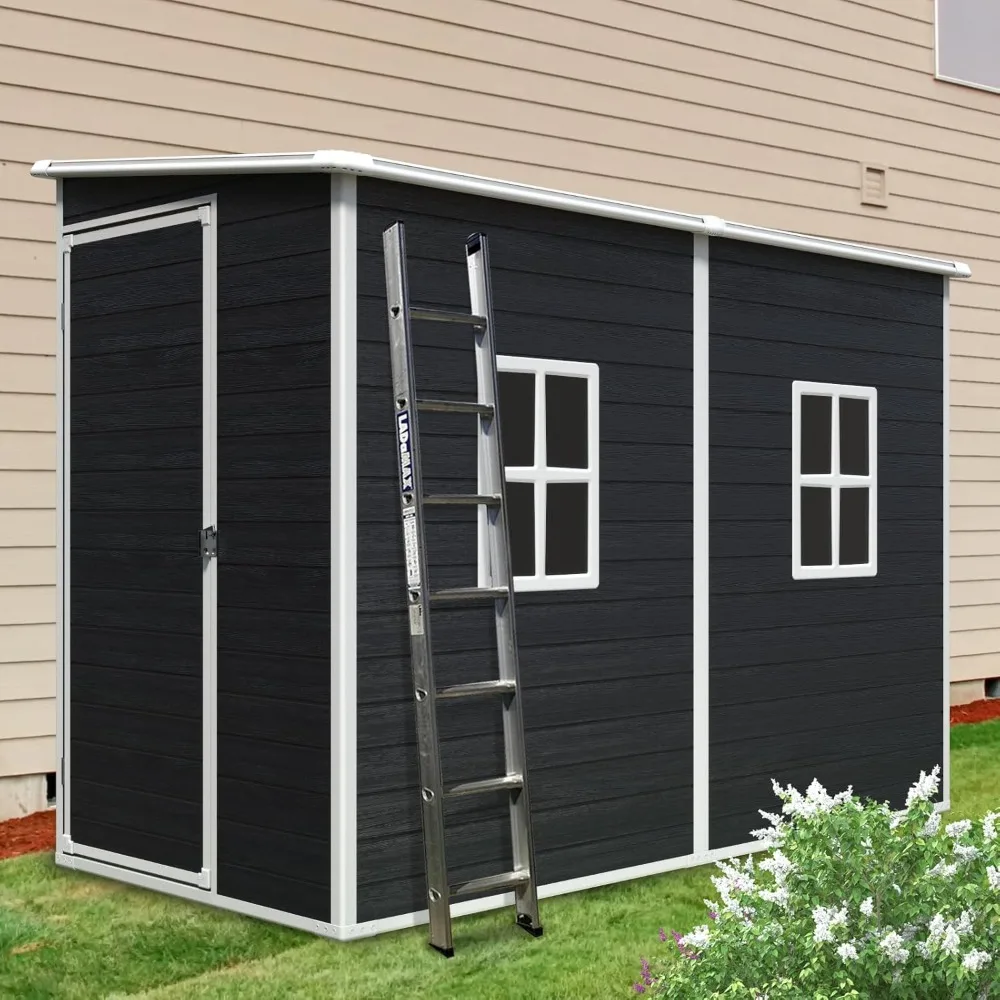 

Resin storage shed with floor and 2 windows, lockable doors and ventilation openings, outdoor all-weather tool storage shed