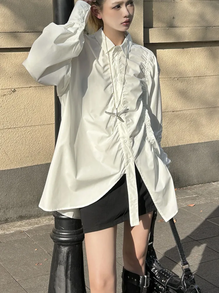 WHTREND المتخصصة تصميم شخصية مطوي المرقعة قميص أبيض مع نفخة الأكمام فضفاضة قمة الموضة 2025 الخريف WH1693 #4