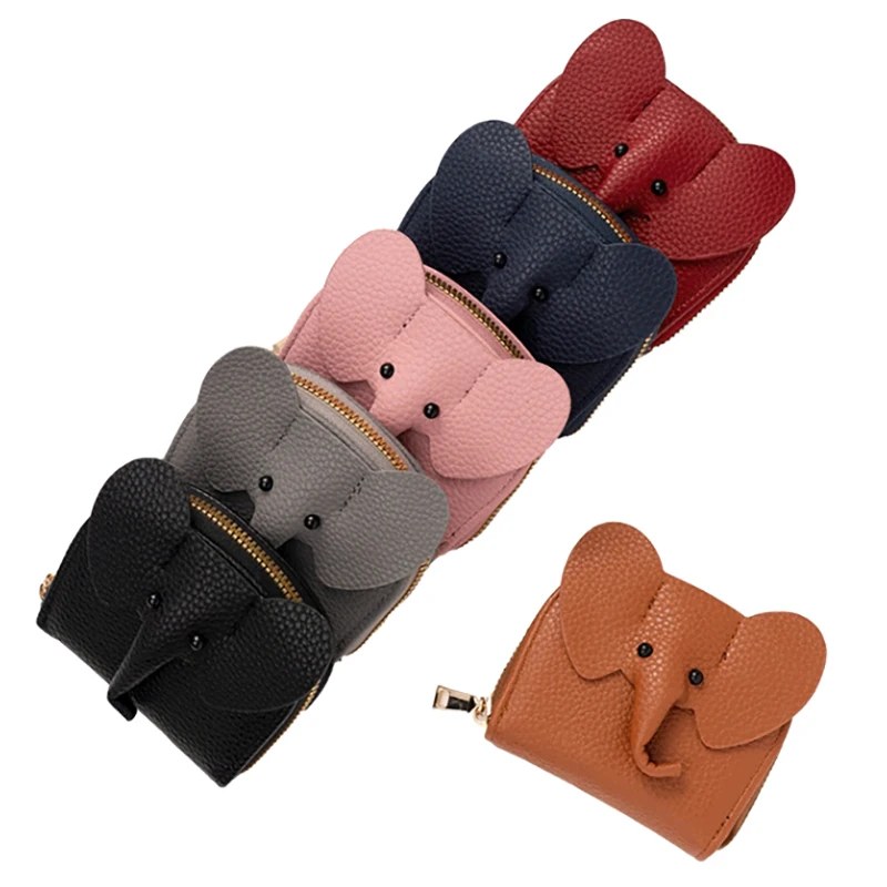 Porta biglietti da visita portafoglio per carte di credito in pelle di mucca femminile modello elefante con cerniera cambia borsa piccola custodia