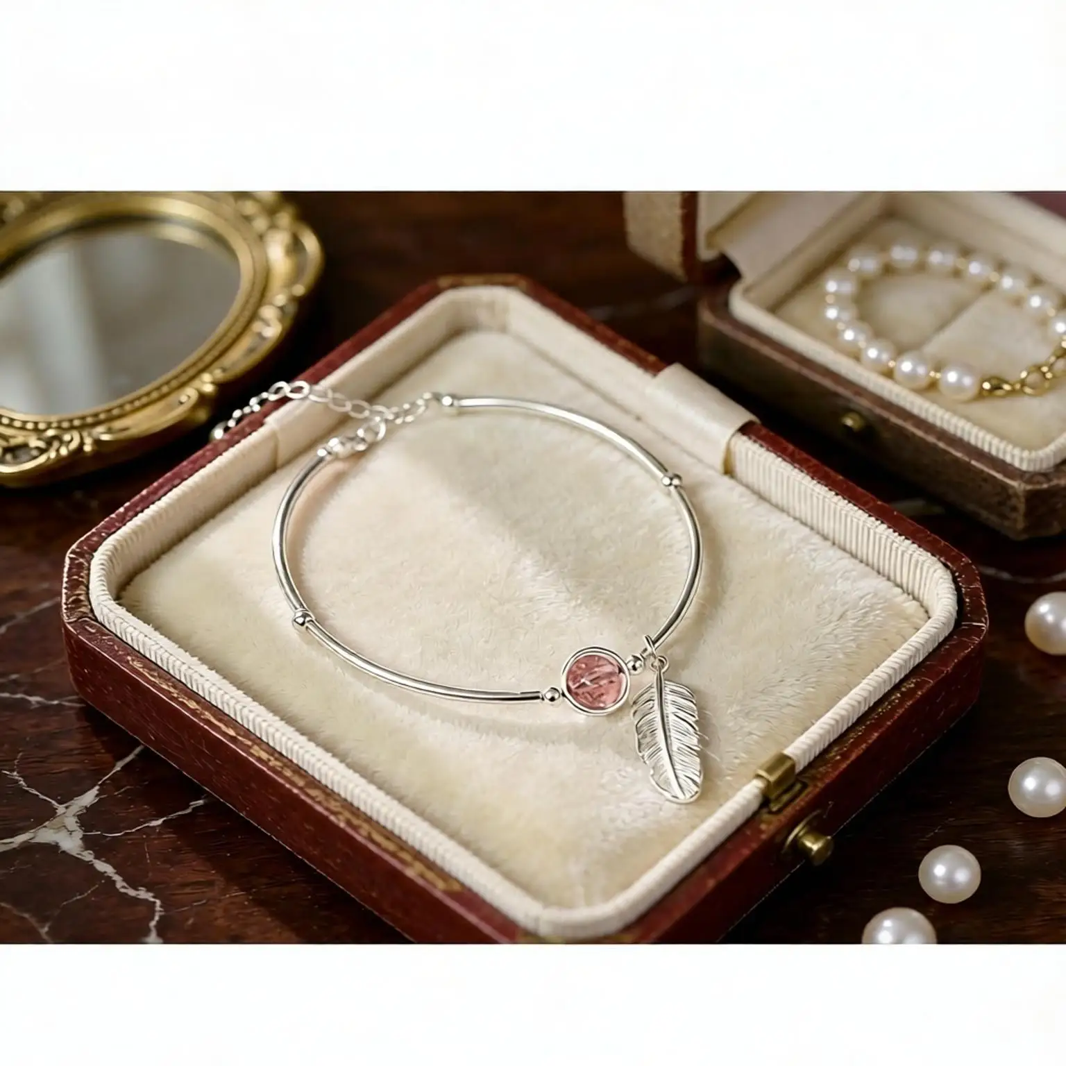 Delicate 925 Sterling Silver Strawberry Quartz Feather Adjustable Bracelets for Woman Girls Wedding Party Fashion Jewelry Gifts