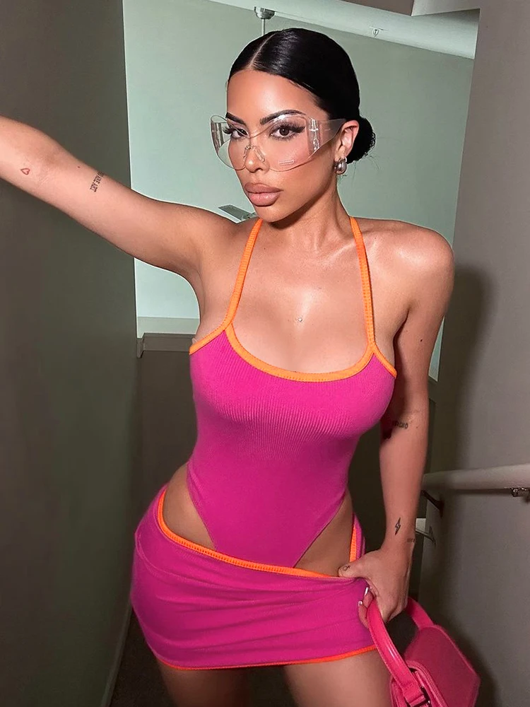 

Женский комплект из 2 предметов в рубчик Weird Puss, эластичная летняя майка с открытой спиной + юбки персикового цвета на бедрах, повседневная одинаковая вечерние клубная одежда в полночь