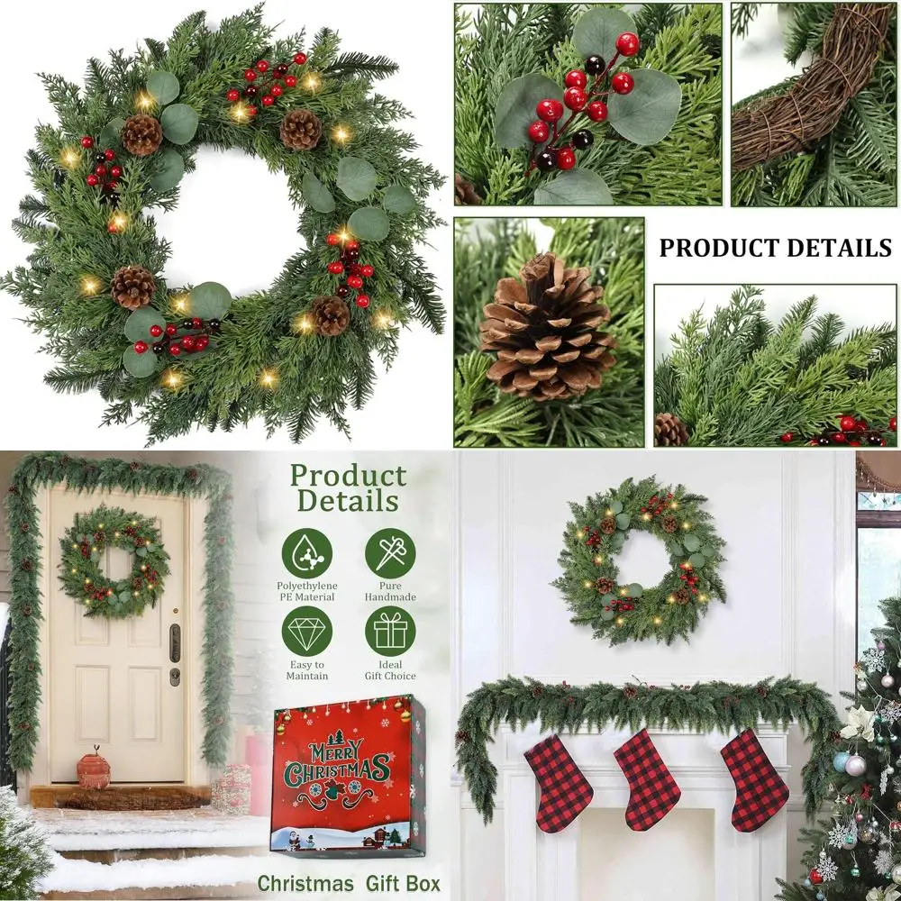 

24-дюймовый венок из сосны Real Touch с красными ягодами и сосновыми шишками, предварительно освещенный для уличного и внутреннего праздничного декора
