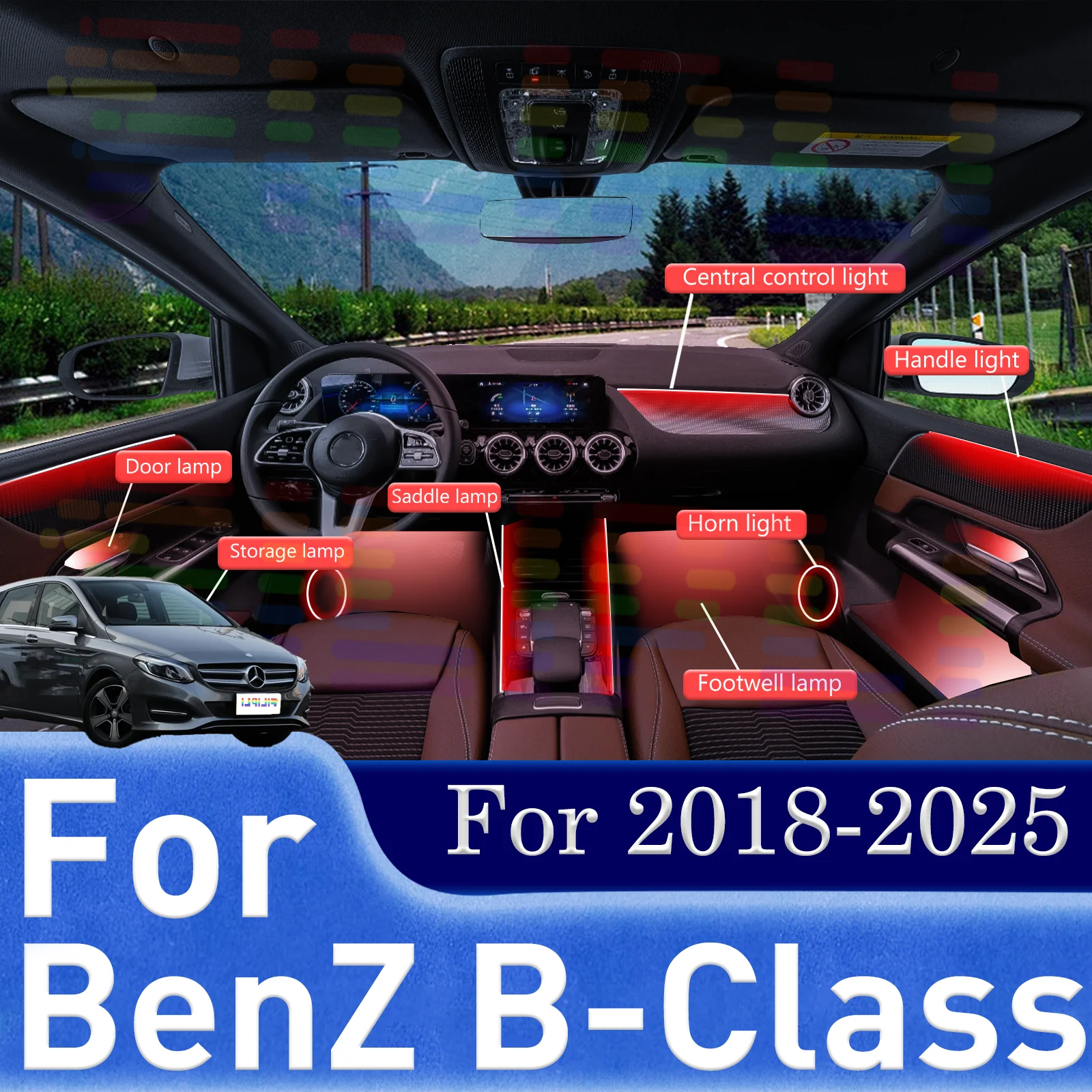 

Для BenZ B-Class 64-цветная RGB симфоническая автомобильная лента для окружающего освещения, приложение для включения интерьера, акриловая направляющая, светодиодная атмосферная лампа