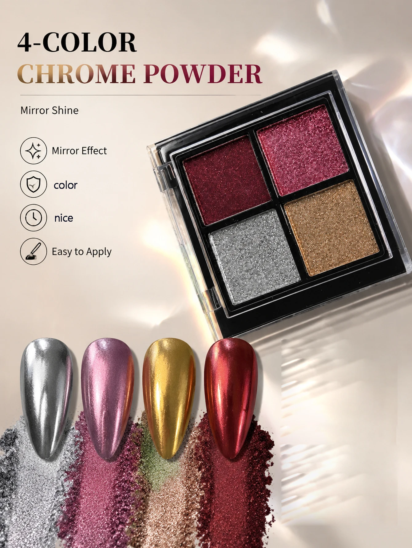 4-color solid magic mirror nail powder colored gold, silver, and chrome mirror nail art with glitter and chrome powder decoratio