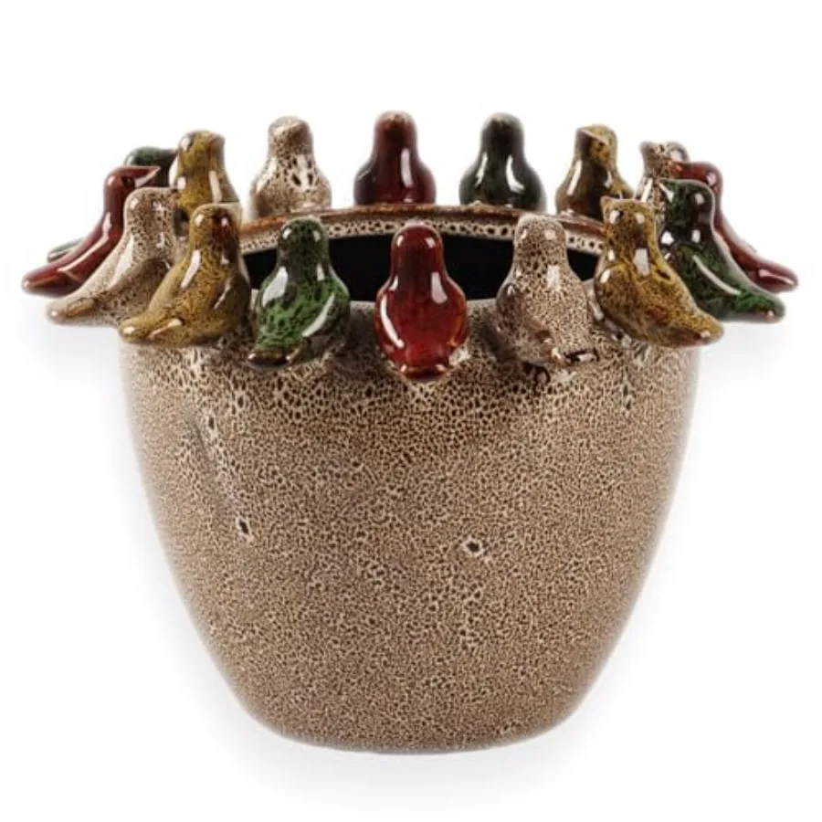 

10.4 Inch Plant Pot, Ceramic Planter with Drainage Hole and Silicone Plug, Flower Pot with Ceramic Birds on Rim, Reactive Glaze