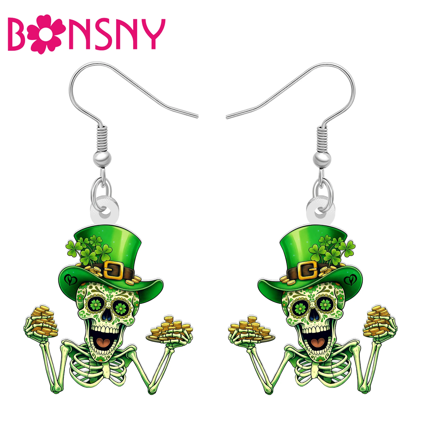 BONSNY Acrylic St Patricks Day Sugar Skull Earrings Green Clover Gold Coin Skeleton Irish Holiday Jewelry Luck Gifts For Women