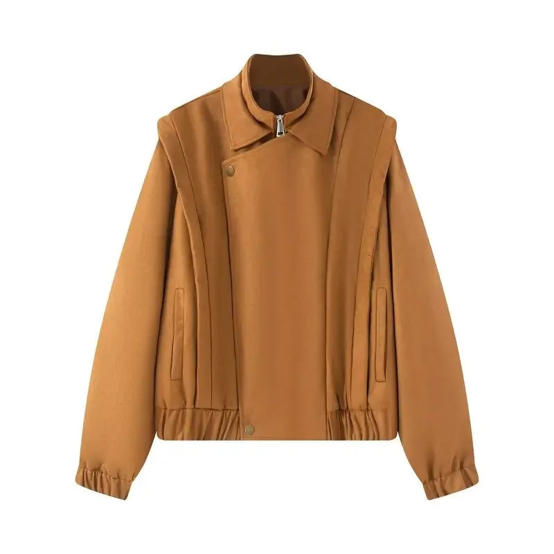 Giacca con cerniera dal design semplice e unico Spalle larghe Streetwear Autunno Casual Vintage Cappotto da donna alla moda Top in tessuto scamosciato