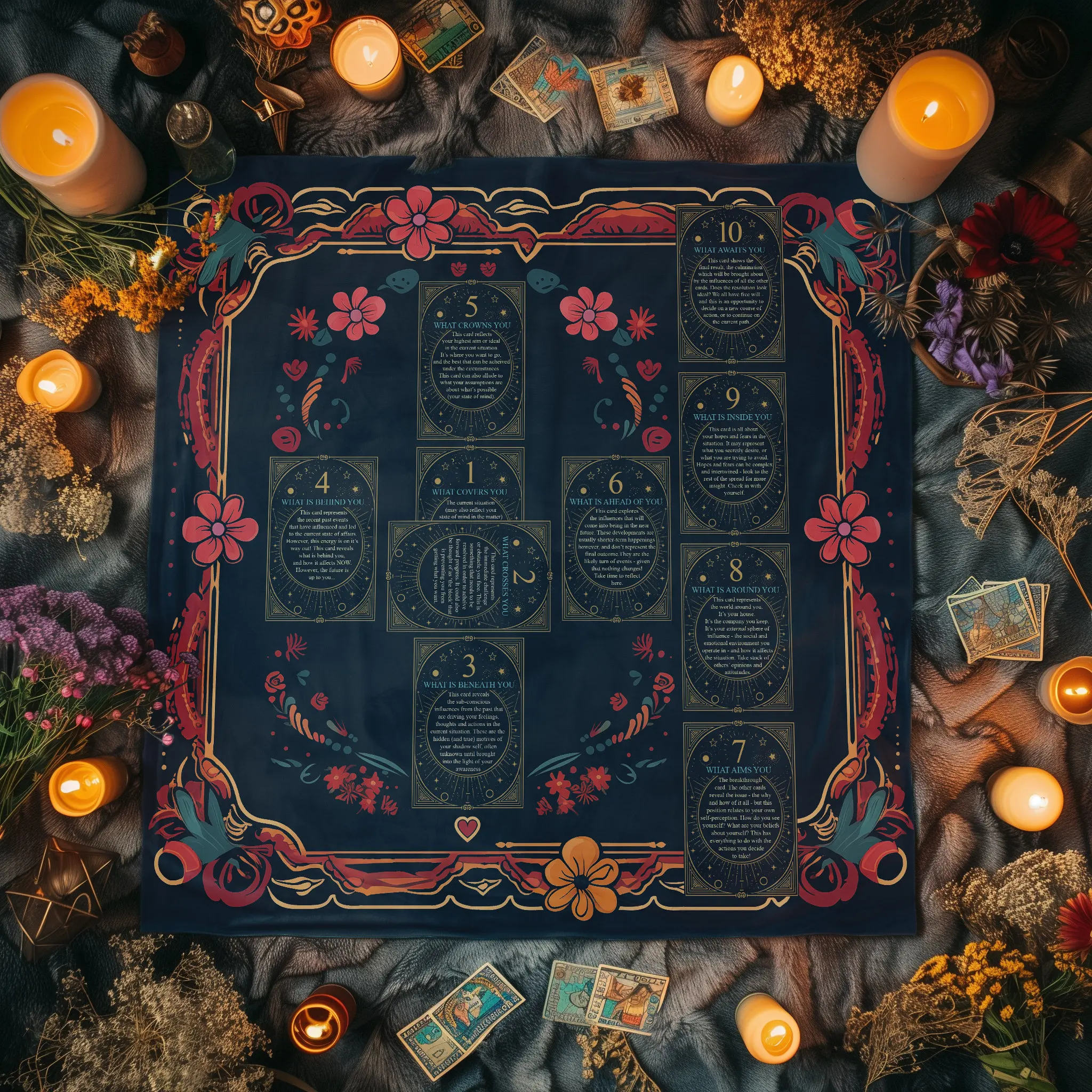 Celtic Cross Tarot Reading Cloth, 10 Positions Flower Tarot Tablecloth for Divination Meditation Witchy Altar Decor