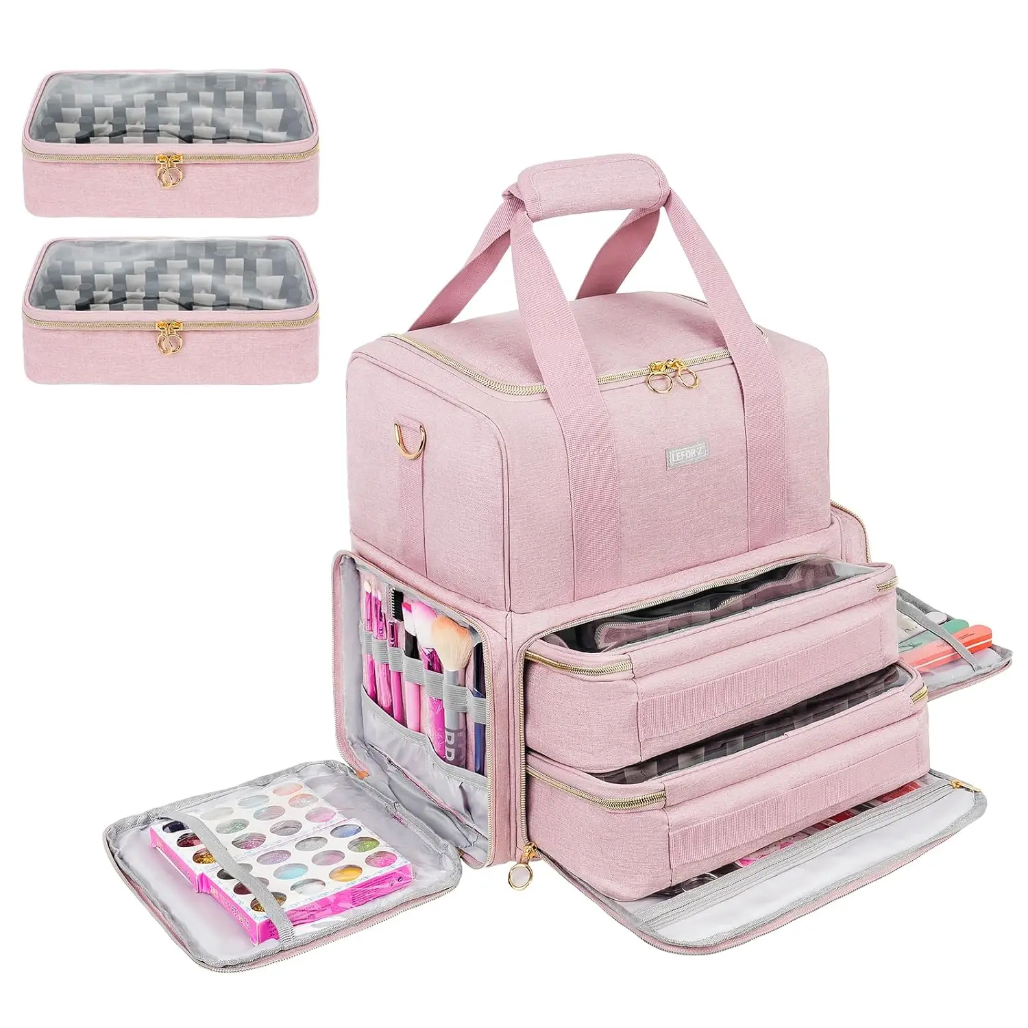 

Portable Nail Polish Organizer with 80 Bottle Slots, Removable Cases, and LED Lamp Compartment in Pink